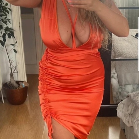 ◾️3/$25 SHEIN Satin Rushed Midi Dress Plunge Neckline Criss Cross Back - Picture 2 of 9